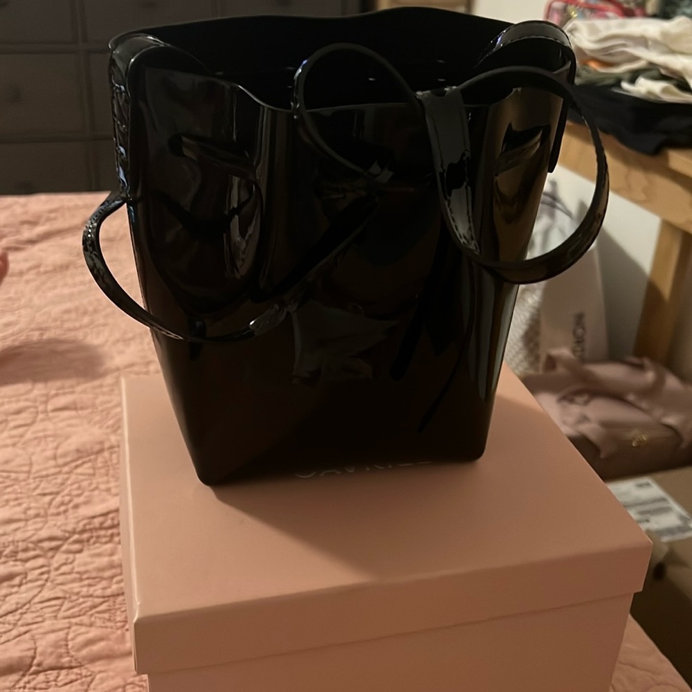 Mansur Gabriel- mini mini bucket bag in Patent Black on black